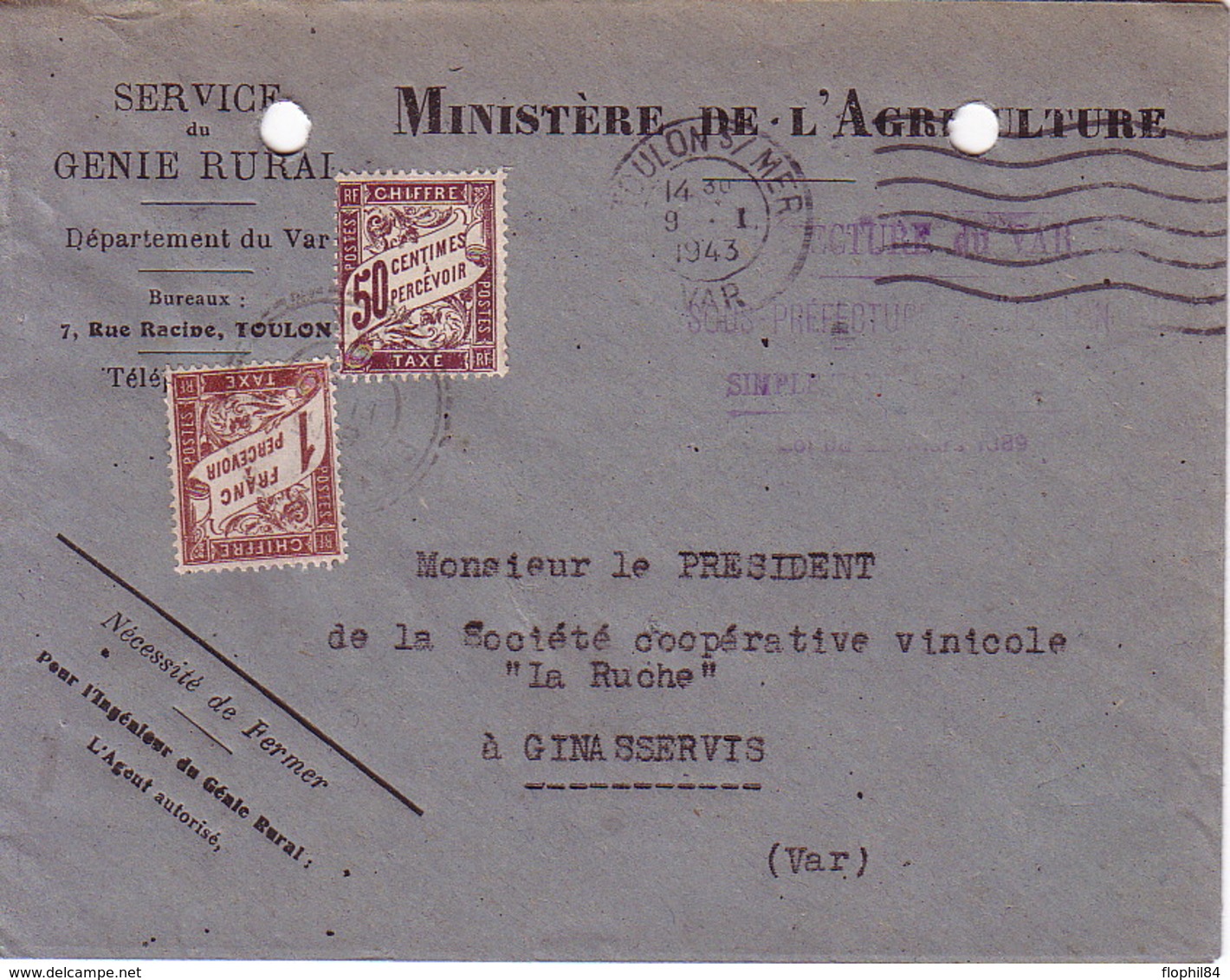 VAR - TOULON - MINISTERE DE L'AGRICULTURE - SIMPLE TAXE - 1F50 - A GINASSERVIS - VAR - 9-1-1943. - 1859-1959 Storia Postale