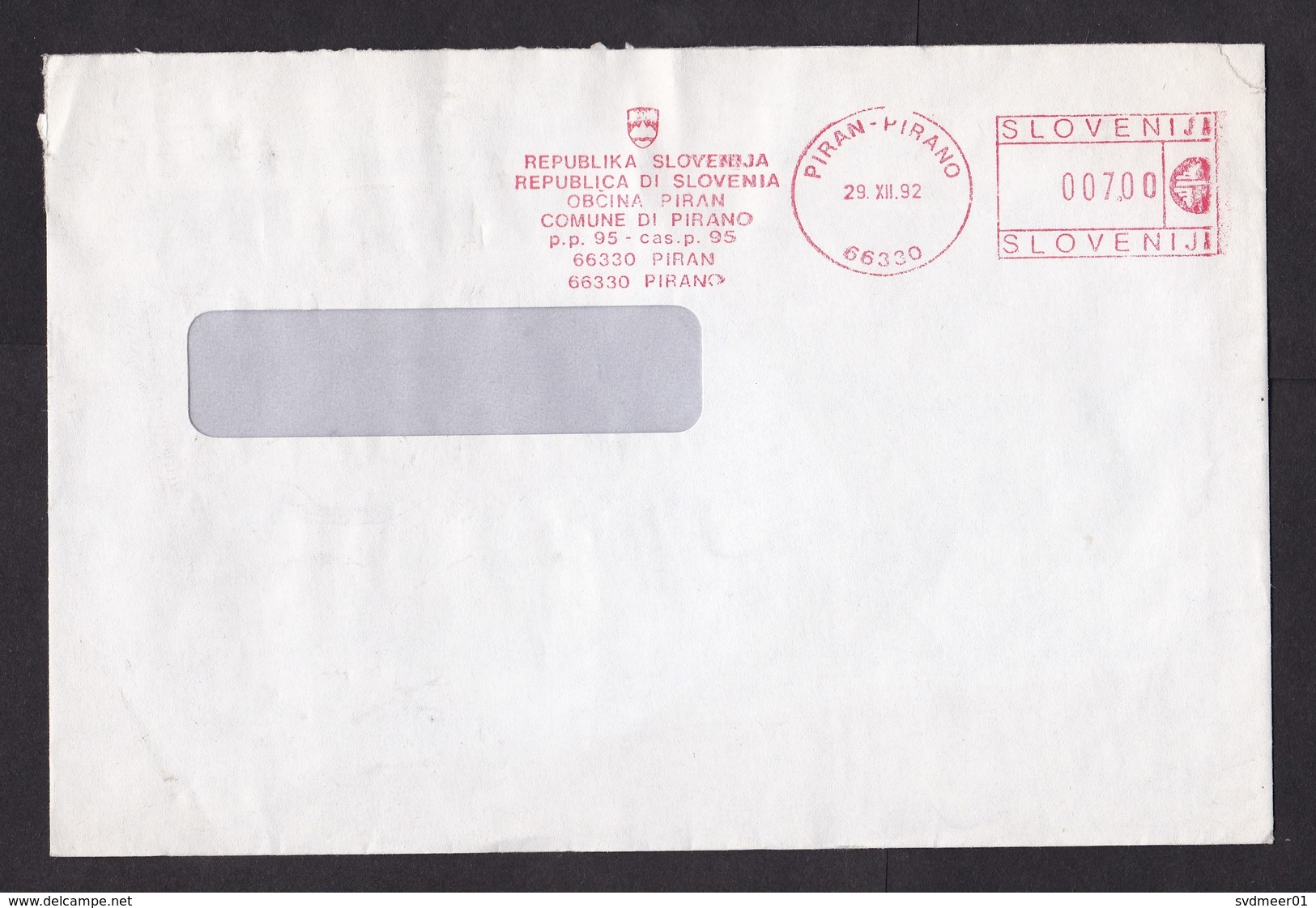 Slovenia: Cover, 1992, Meter Cancel, Municipality Of Piran-Pirano (minor Damage) - Slovenië