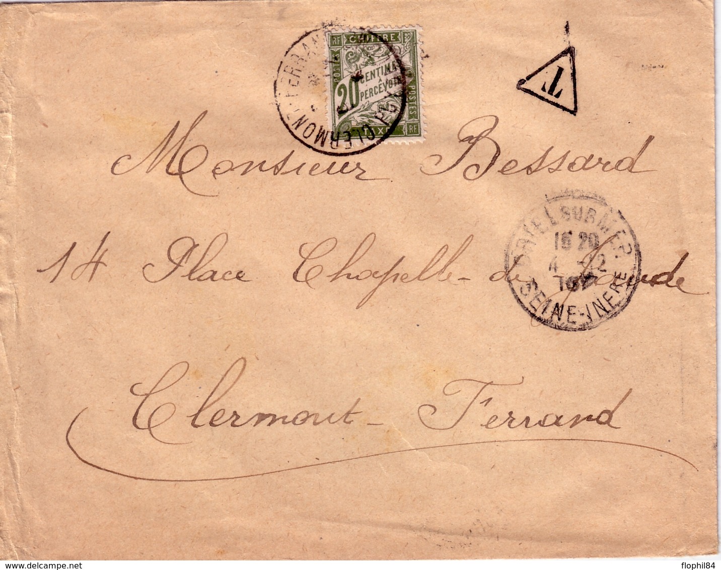 SEINE INFERIEURE - CRIEL SUR MER - TAXE 20c - A CLERMONT-FERRAND - PUY DE DOME - 4-12-1916 - 1859-1959 Storia Postale