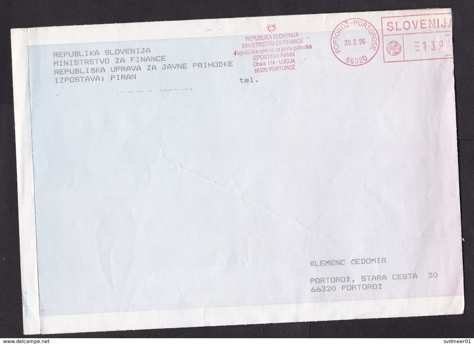 Slovenia: Official Cover, 1996, Meter Cancel, Ministry Of Finance, Government (damaged, See Scan) - Slovenië