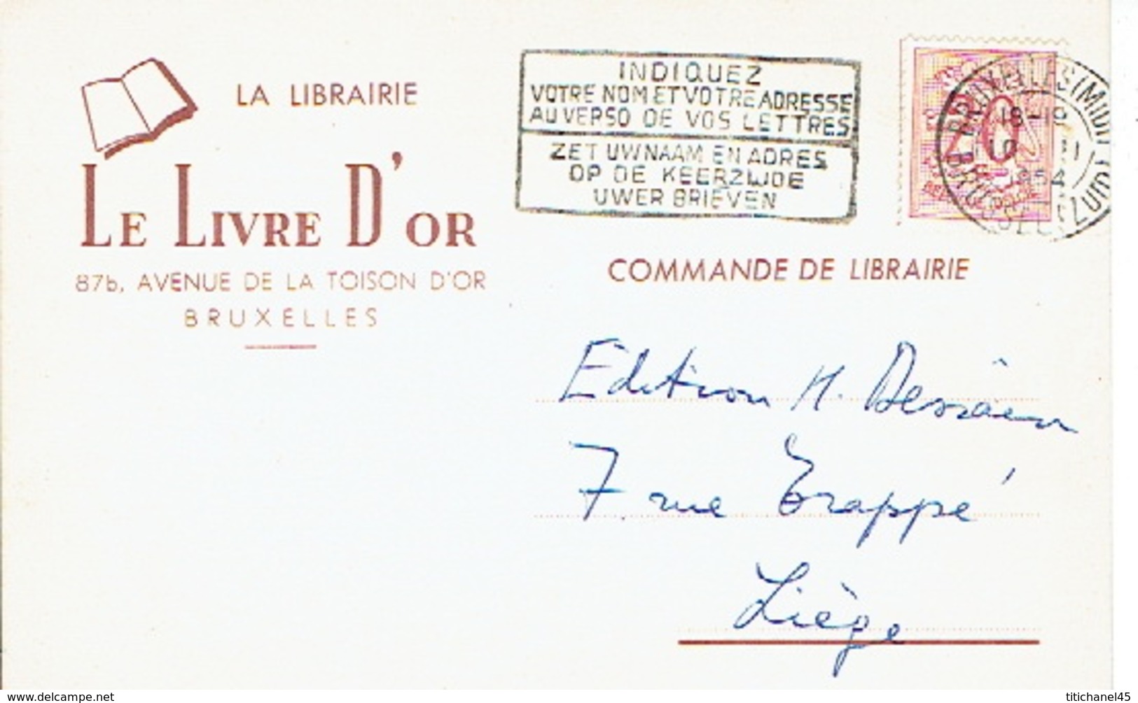 CP Publicitaire BRUXELLES 1954 - LIBRAIRIE "LE LIVRE D'OR" - Autres & Non Classés