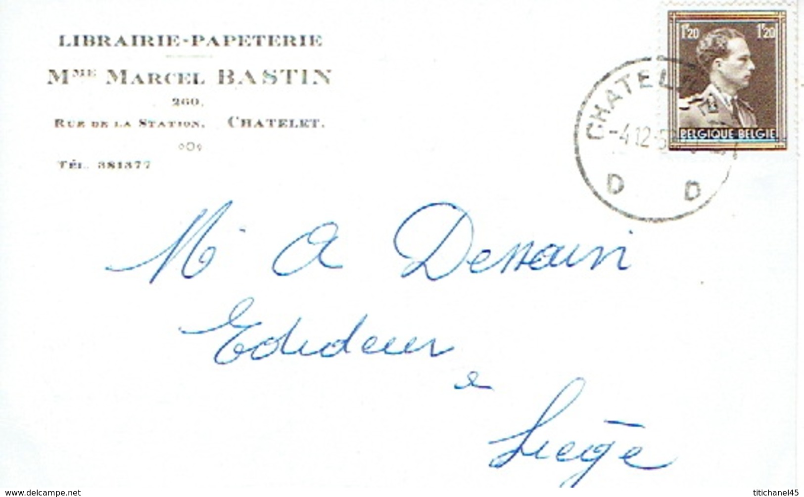 CP Publicitaire CHATELET 1953 - Mme Marcel BASTIN - Librairie - Papeterie - Châtelet
