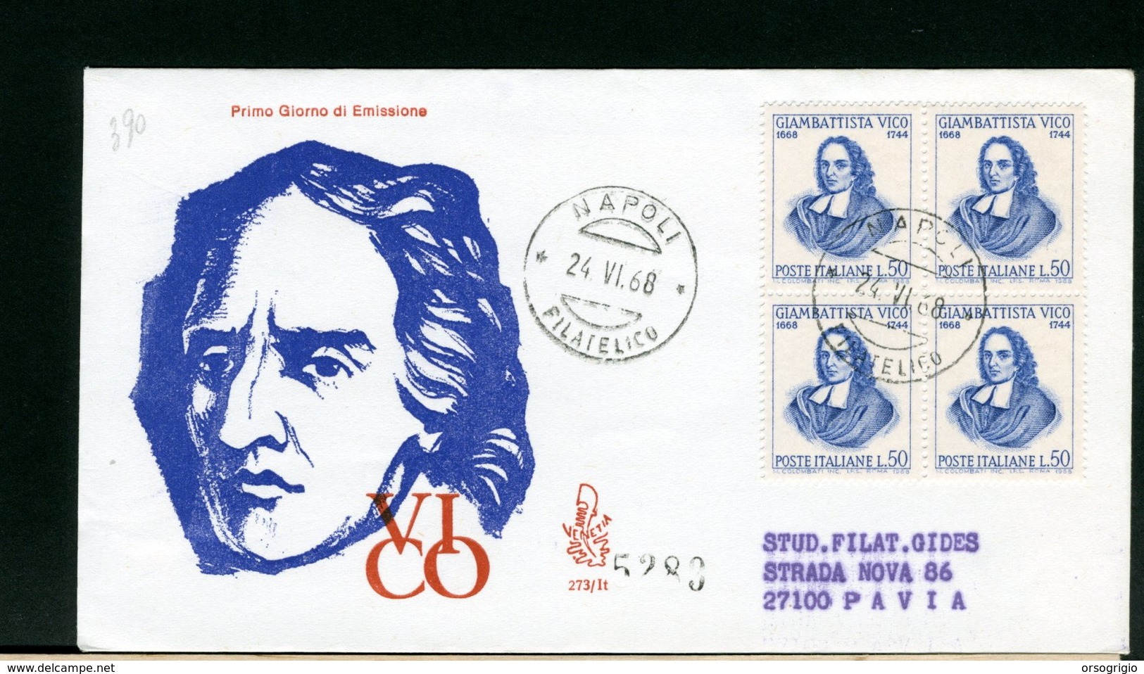 ITALIA -  FDC  VENETIA 1968  -  GIAMBATTISTA VICO  -  Raccomandata Con Timbro Di Arrivo - FDC