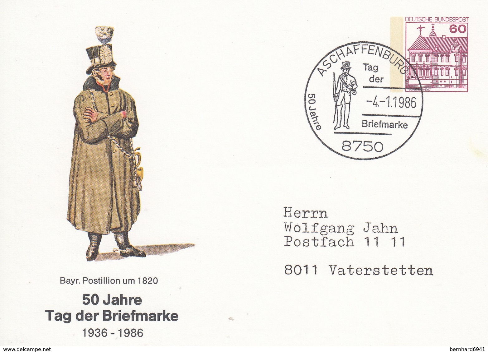 PP 106/233  50 Jahre Tag Der Briefmarke 1936-1986 - Bayr.Posttillion Um 1820, Aschaffenburg 1 - Privatpostkarten - Gebraucht