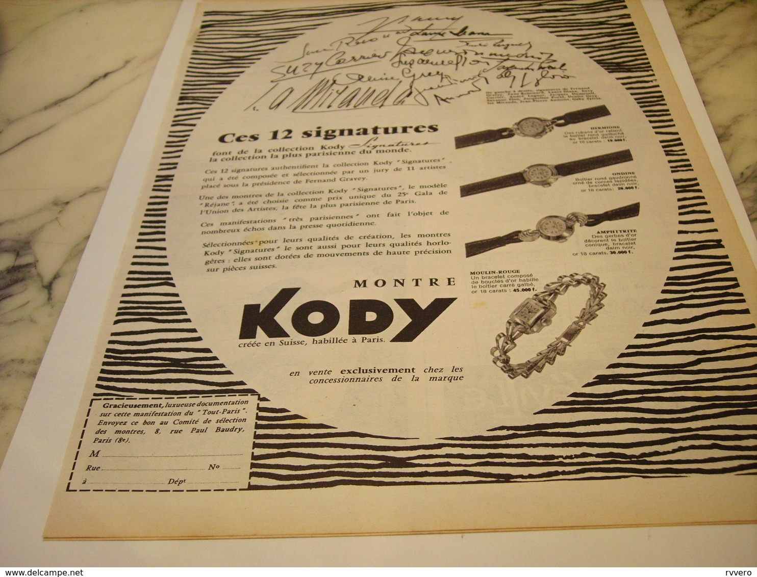 ANCIENNE PUBLICITE CES 12 SIGNATURE ET MONTRE KODY  1954 - Otros & Sin Clasificación