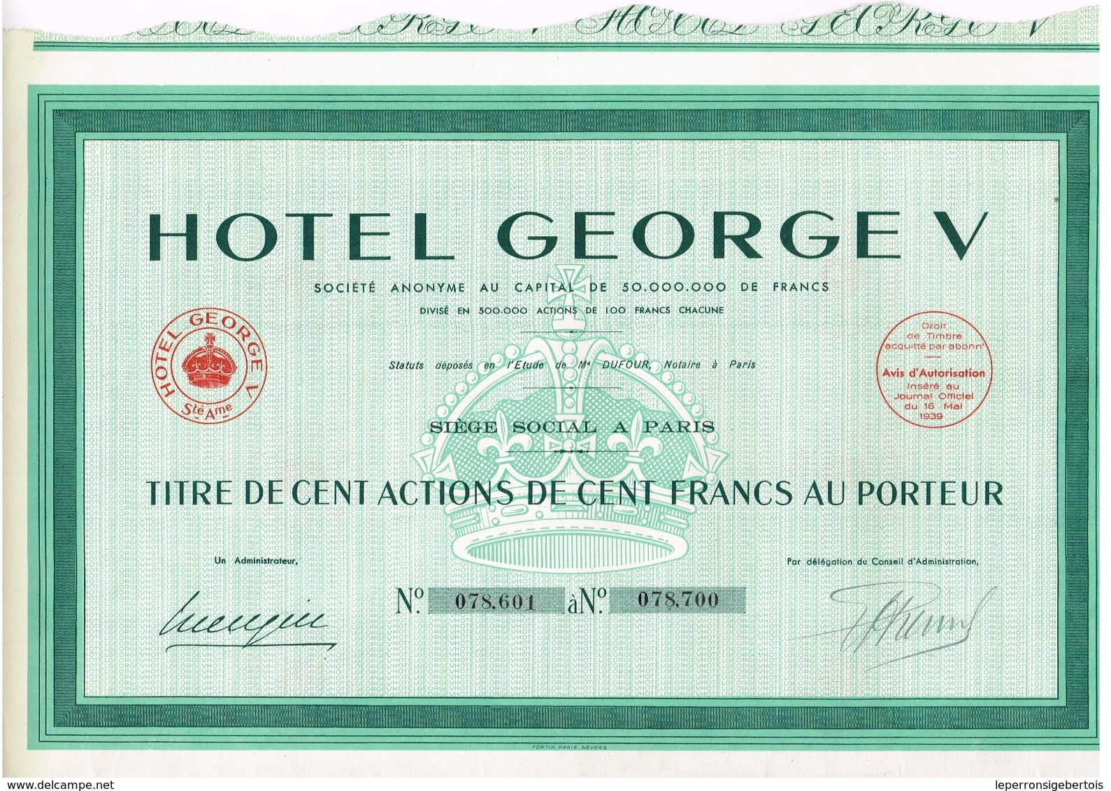 Ancien Titre - Hôtel Georges V - Société Anonyme - Titre De 1939 - Tourisme