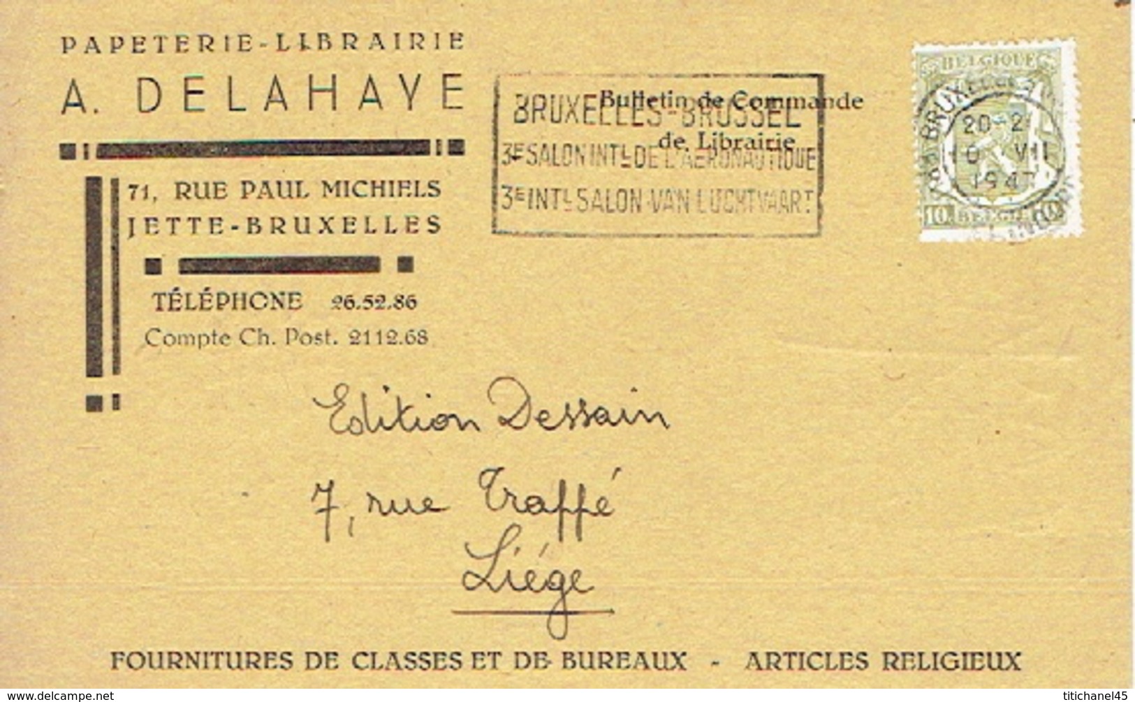 CP Publicitaire JETTE - BRUXELLES 1947 - A. DELHAYE - Papeterie - Librairie - Jette