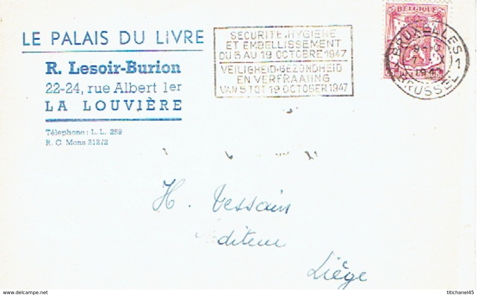 CP Publicitaire LA LOUVIERE 1947 - "LE PALAIS DU LIVRE" - R. LESOIR - BURION - Librairie - La Louvière