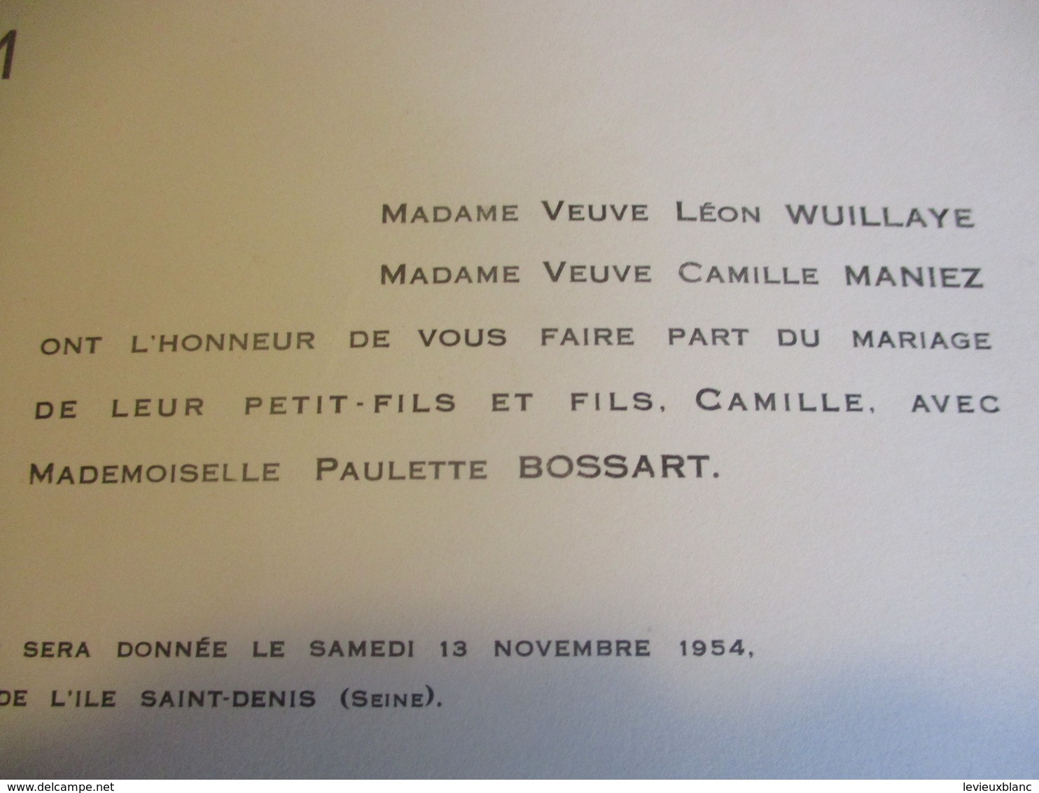 Faire Part/ Mariage / Paulette BOSSART - Camille MANIEZ/ Eglise Saint Pierre De L'Ile Saint Louis /1954    FPM43 - Mariage