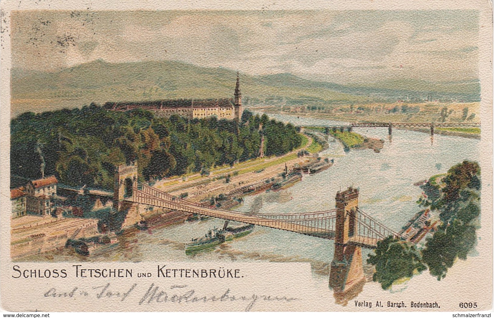 Litho AK Tetschen Bodenbach Decin Podmokly Brücke Kettenbrücke Schloß Hafen Dampfer Rosawitz Krochwitz Böhmische Schweiz - Sudeten