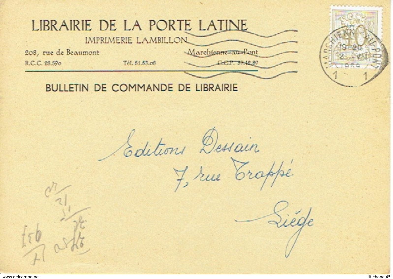 CP Publicitaire MARCHIENNE-AU-PONT 1959 - LIBRAIRIE DE LA PORTE LATINE - Imprimerie LAMBILLON - Charleroi