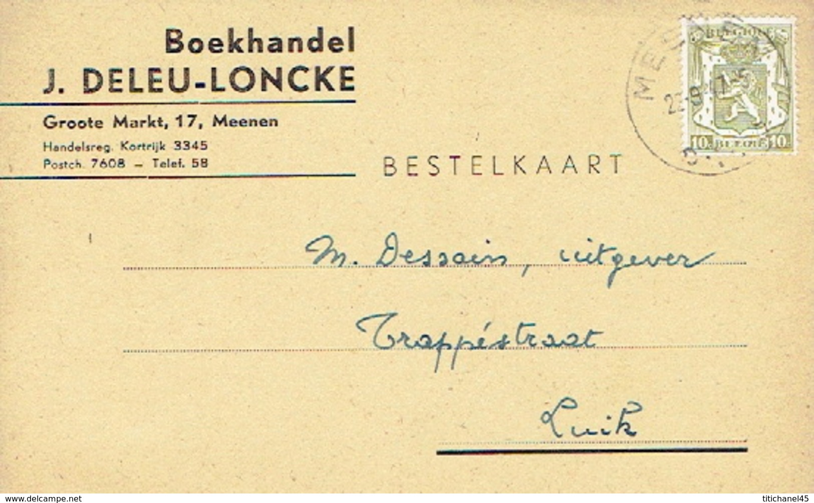 PK Publicitaire MENEN 1947- J. DELEU - LONCKE - Boekhandel Te MENIN - Menen