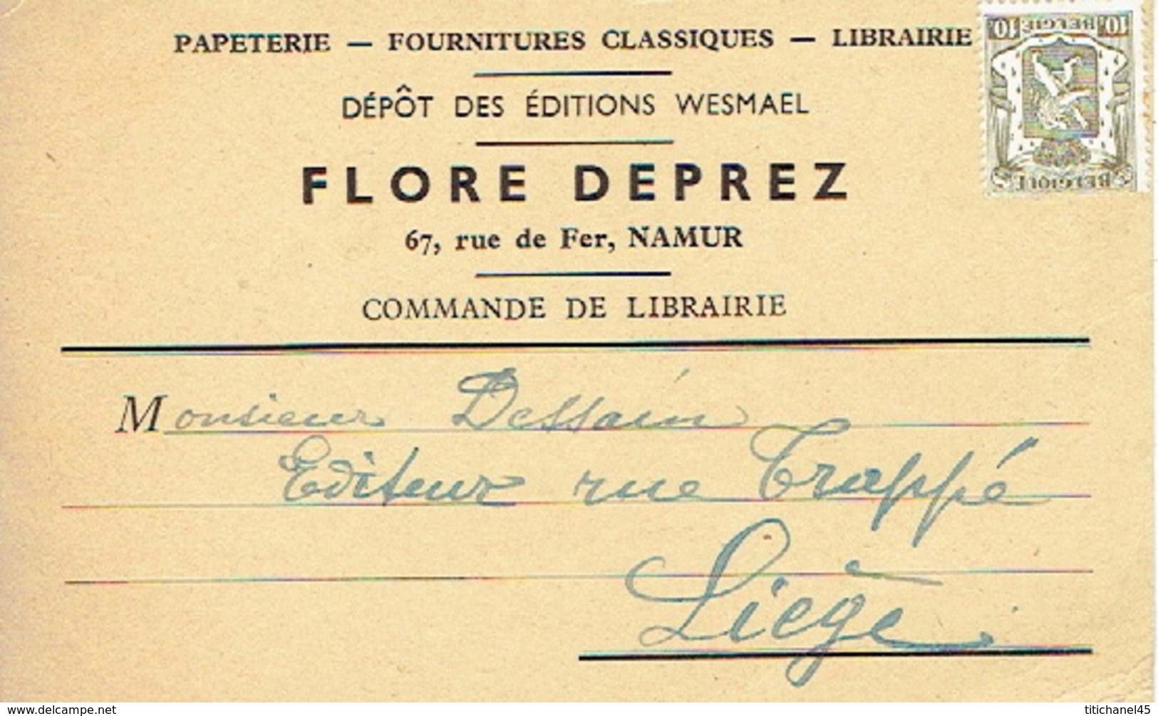 CP Publicitaire NAMUR 1952 - FLORE DEPREZ - Librairie - Papetrie - Namur