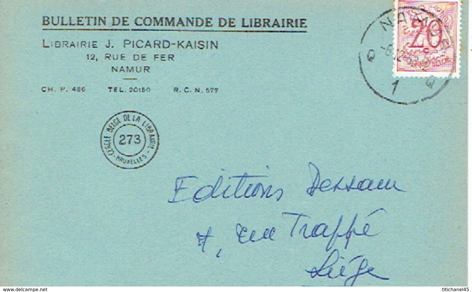 CP Publicitaire NAMUR 1953 - J. PICARD - KAISIN - Librairie - Namur