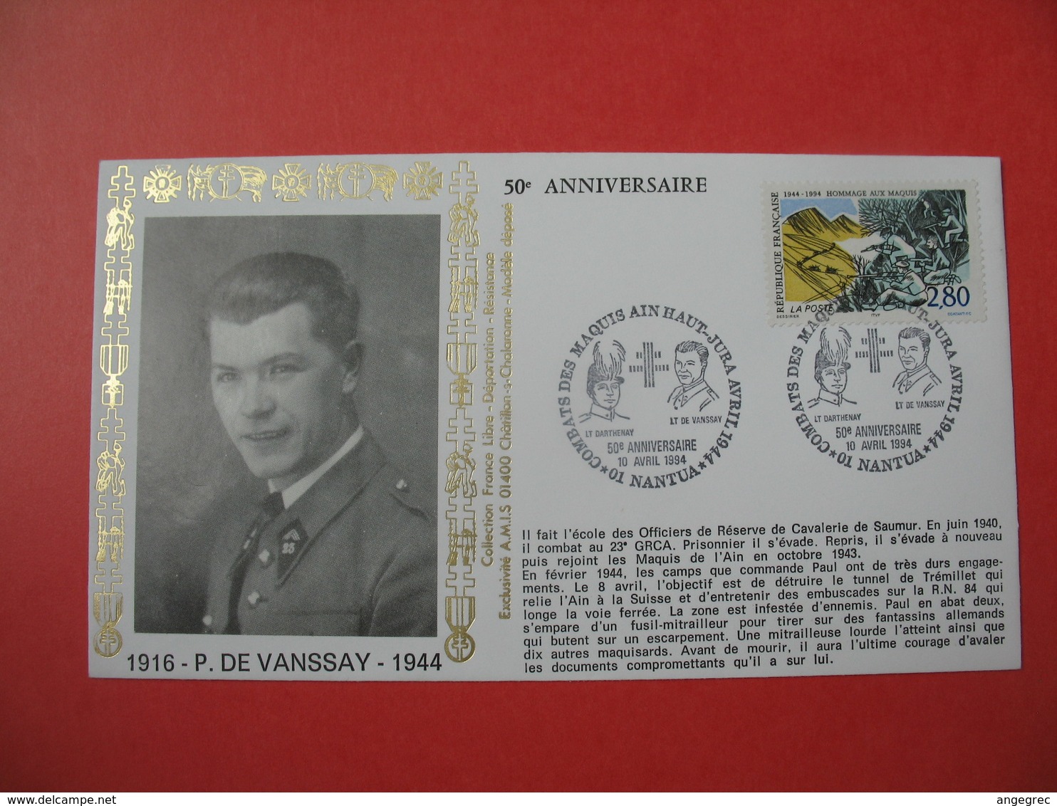 Enveloppe  1984 - 50 ème Anniversaire Combat Des Maquis Ain Haut-Jura Avril 1944 P. De Vanssay  Cachet Nantua - 1961-....