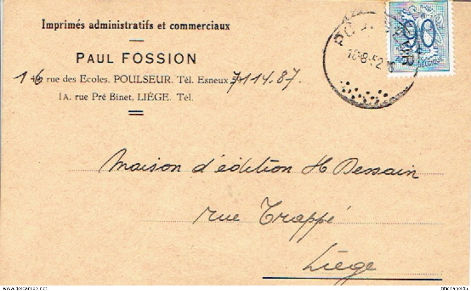 Carte Postale Publicitaire POULSEUR 1952 - Paul FOSSION - Imprimerie - Comblain-au-Pont