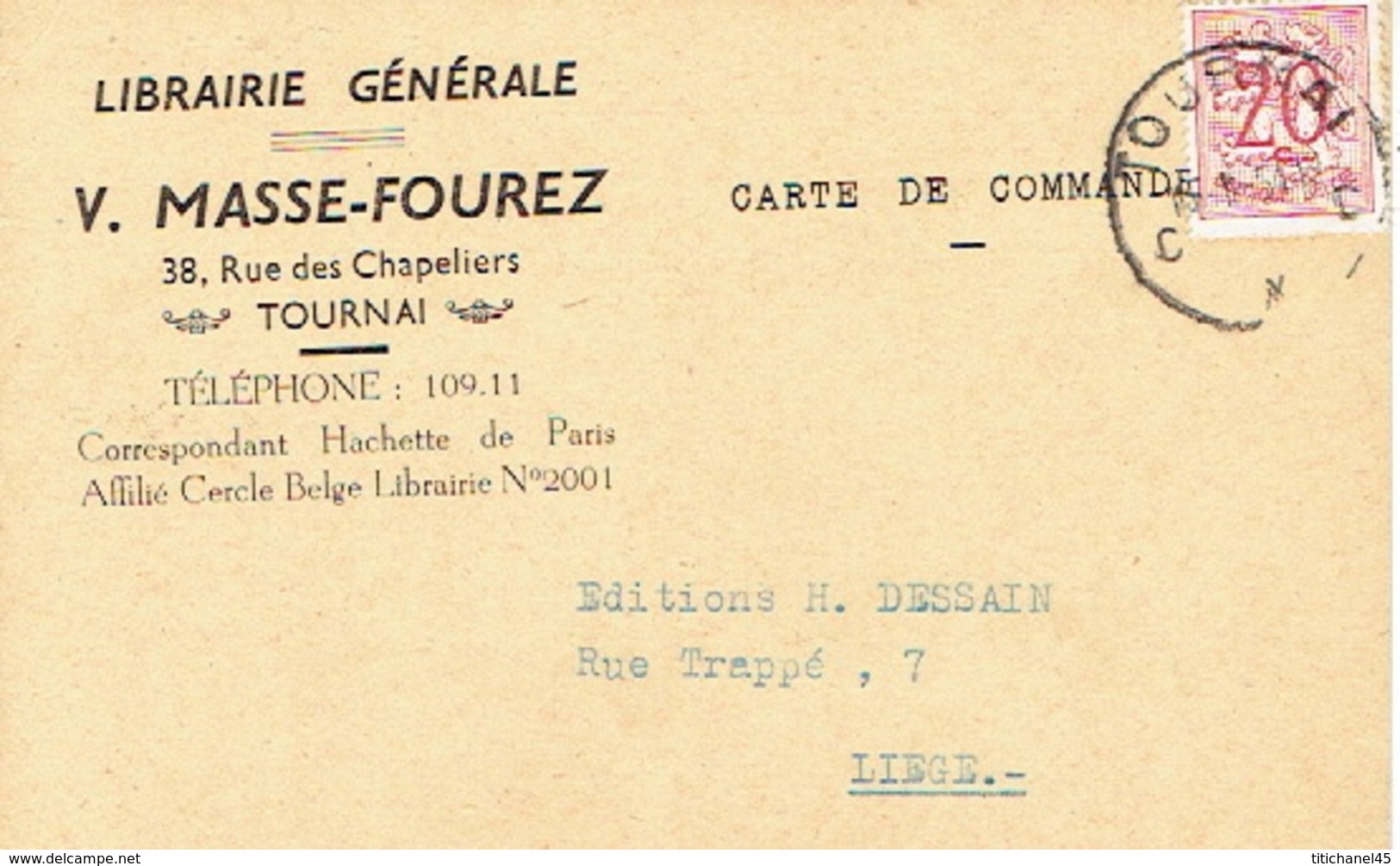 CP Publicitaire TOURNAI 1954 - V. MASSE - FOUREZ - Librairie - Tournai