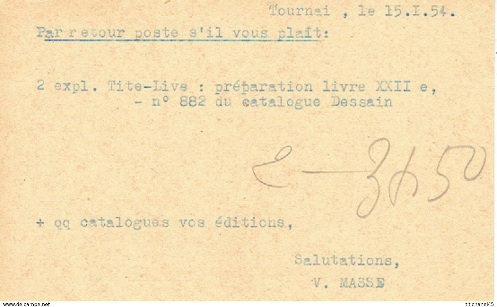 CP Publicitaire TOURNAI 1954 - V. MASSE - FOUREZ - Librairie - Tournai