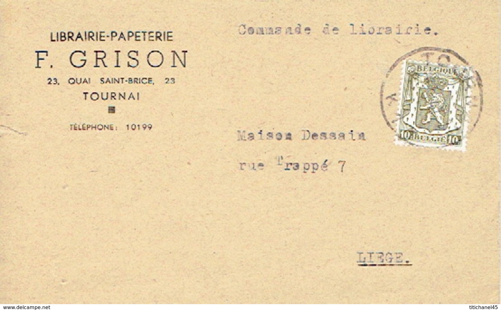 CP Publicitaire TOURNAI 1947 - F. GRISON  - Librairie - Papeterie - Tournai