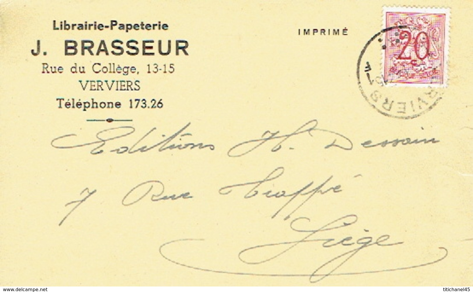 CP Publicitaire VERVIERS 1954 - J. BRASSEUR - Librairie - Papeterie - Verviers