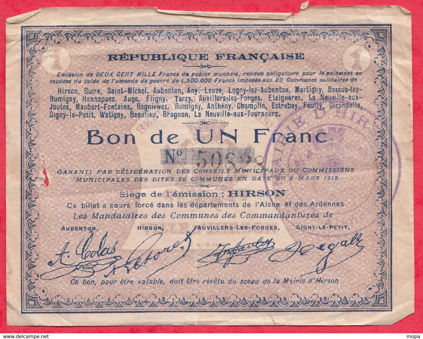 France  1 Bon De 1 Franc --Hirson -- (Aisne) Dans L 'état - Bonds & Basic Needs