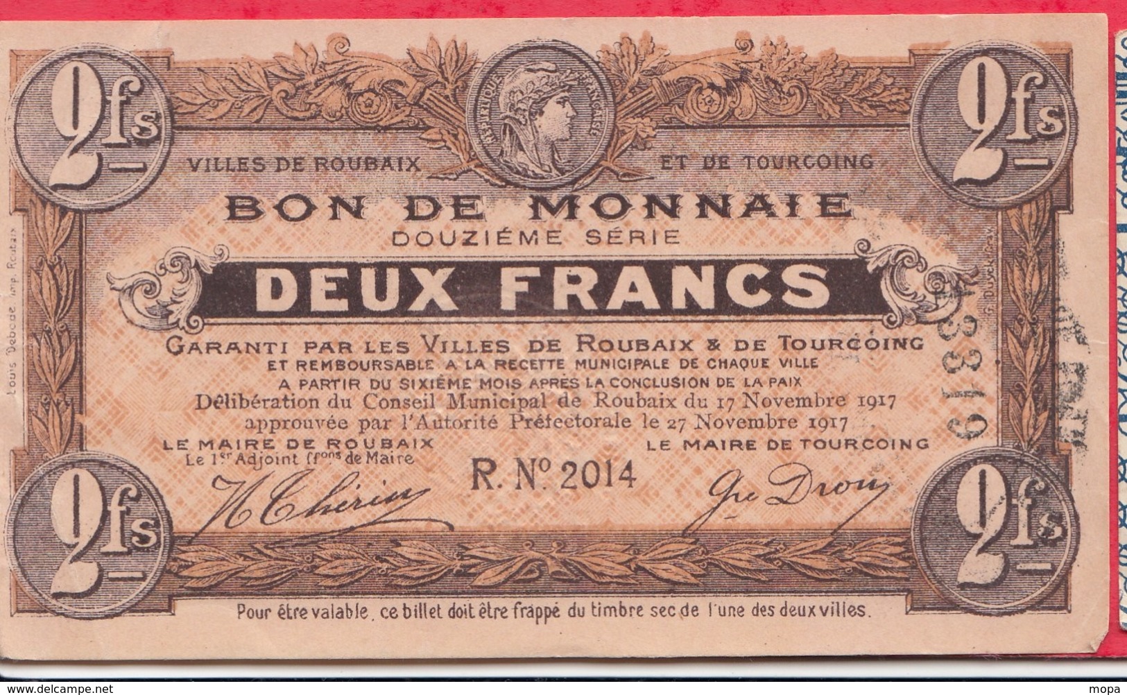 France  1 Bon De 2 Francs  --Roubaix -- (Nord) Dans L 'état - Bonos