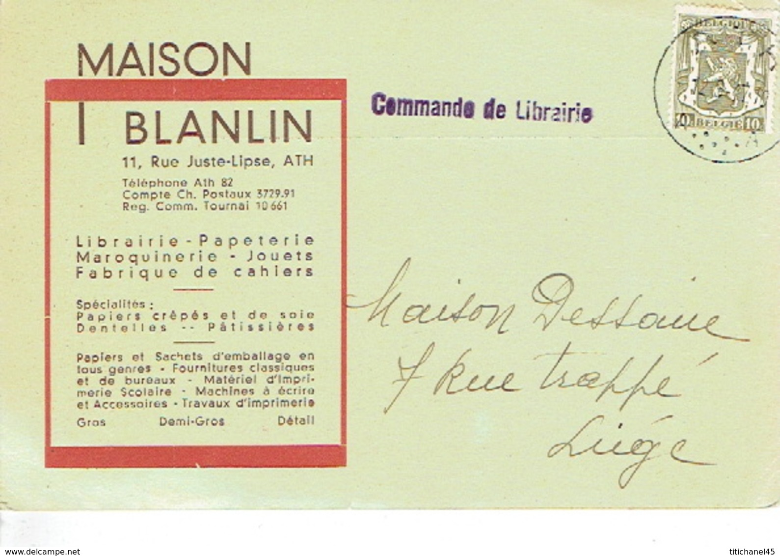 Carte Publicitaire ATH 1947 - MAISON BLANLIN - Librairie, Papeterie, Maroquinerie, Jouets.... - Ath