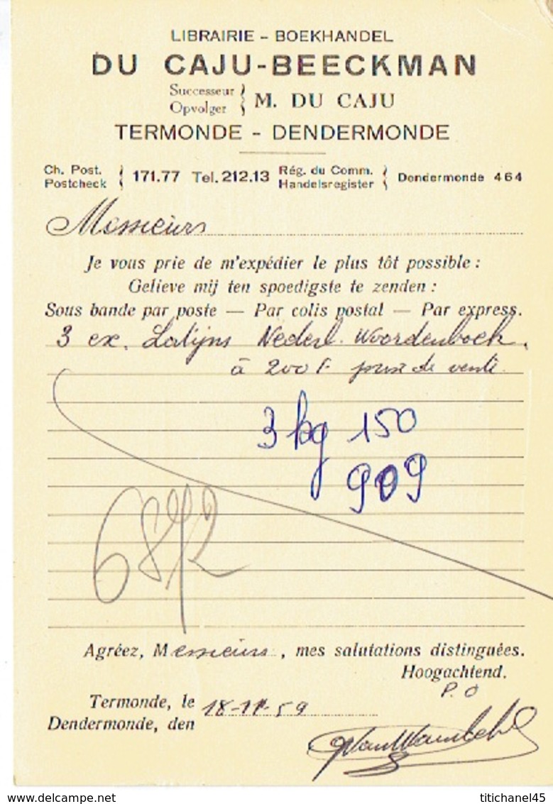 PK Publicitaire DENDERMONDE 1959 - DU CAJU-BEECKMAN - Boekhandel - Dendermonde
