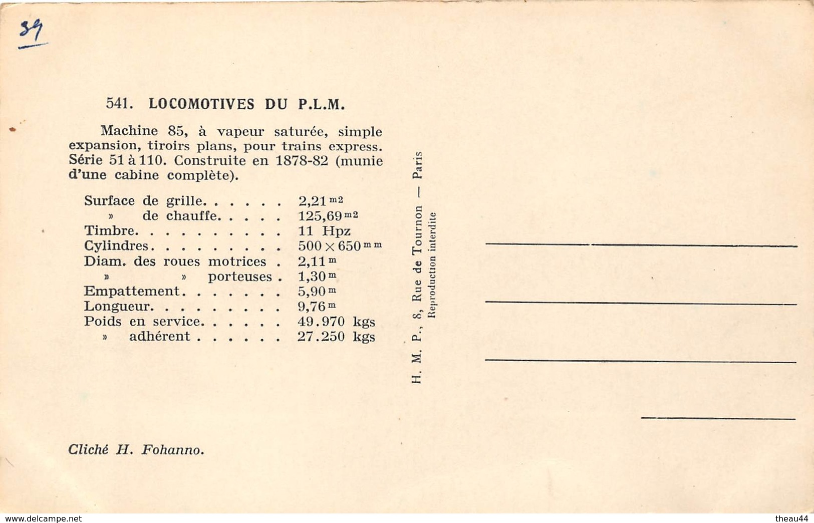 ¤¤  -  Locomotives Du P.L.M.  -  Machine 85  -  Chemin De Fer   -  ¤¤ - Matériel