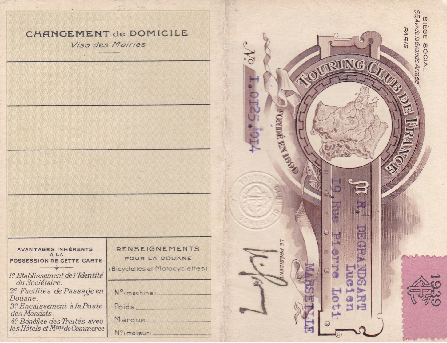 Carte Du TOURING CLUB DE FRANCE De 1939 - Automobile