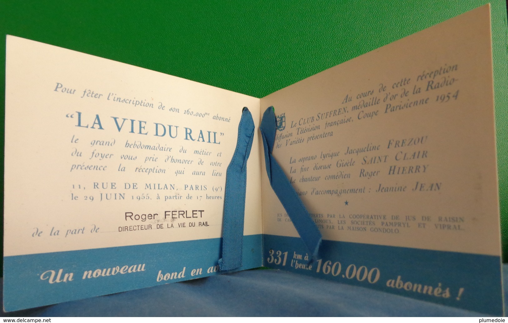 RARE CARTE  INVITATION  TRAIN  JOURNAL  LA VIE DU RAIL 1955 , 160 000 ° ABONNE  ,  Ruban Satin , SNCF CHEMINS DE FER - Transport