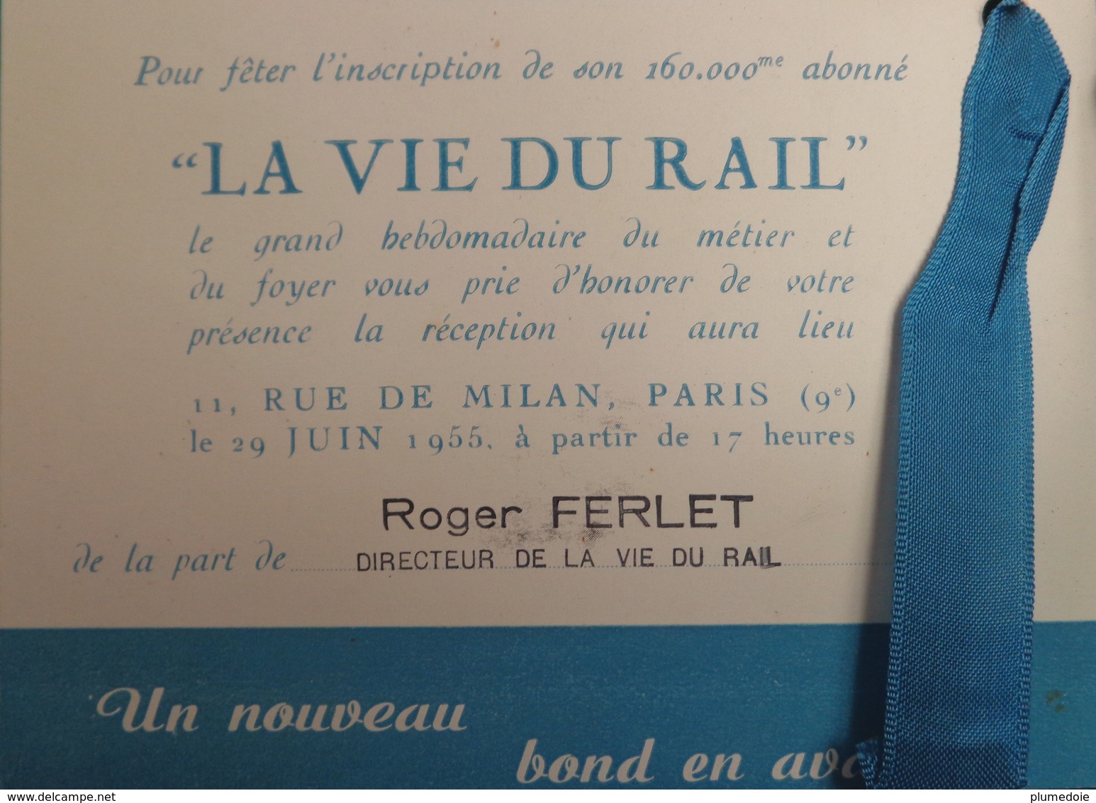RARE CARTE  INVITATION  TRAIN  JOURNAL  LA VIE DU RAIL 1955 , 160 000 ° ABONNE  ,  Ruban Satin , SNCF CHEMINS DE FER - Transports