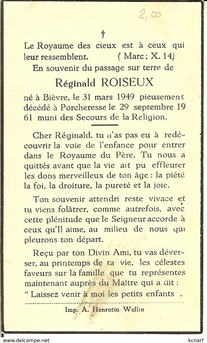 Faire-part De Décès De Réginald Roiseux En 1961 , Bièvre / Porcheresse . - Todesanzeige