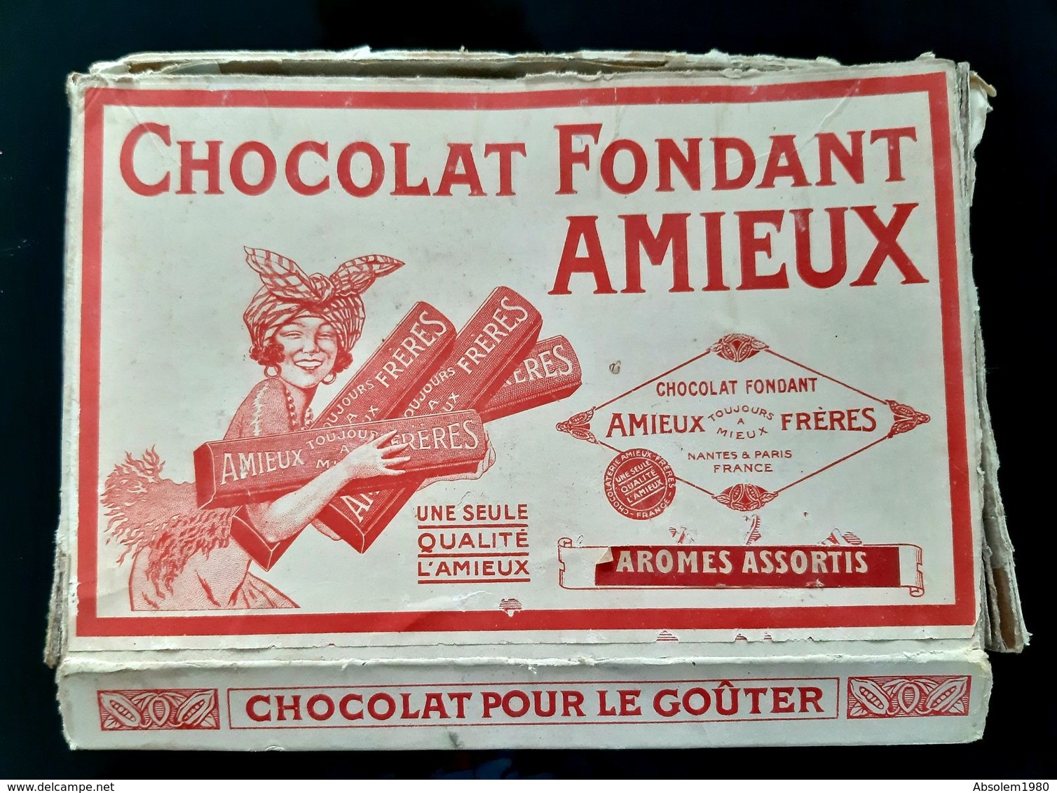 BOITE ANCIENNE CHOCOLAT AMIEUX FRERES EN CARTON + AFFICHETTE AROMES ANTIQUE BOX CHOCOLATE FRENCH AD PUBLICITE BONBON - Boîtes