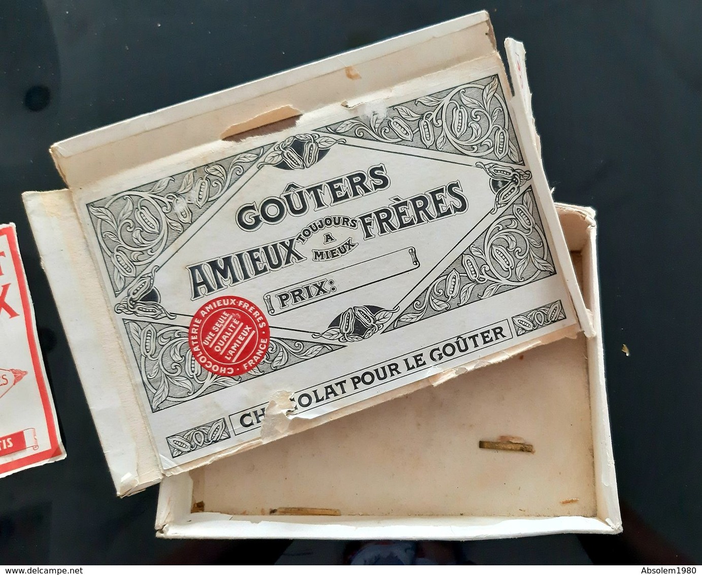 BOITE ANCIENNE CHOCOLAT AMIEUX FRERES EN CARTON + AFFICHETTE AROMES ANTIQUE BOX CHOCOLATE FRENCH AD PUBLICITE BONBON - Boîtes