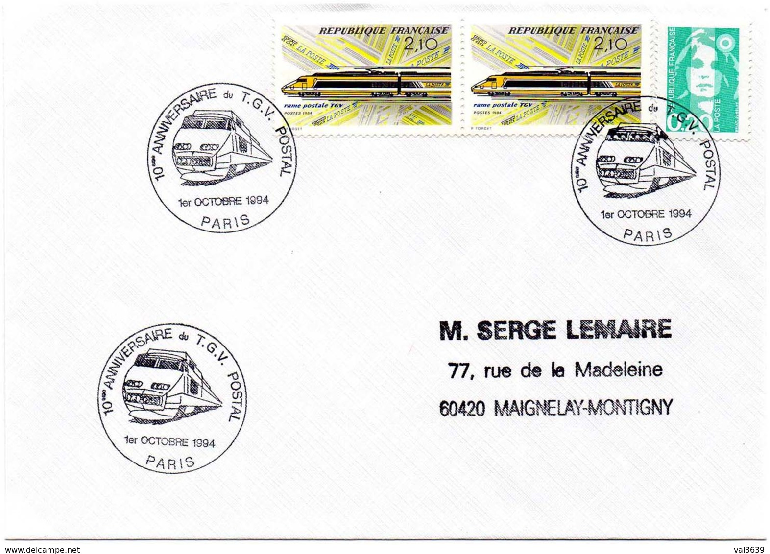 TGV Postal Enveloppe Avec Triple Oblitération Du 10ème Anniversaire Paris 1er Octobre 1994 - Bahnpost