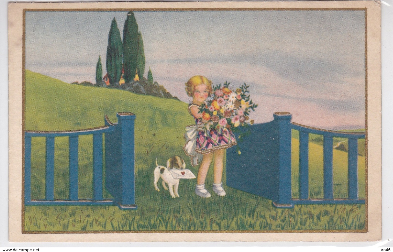 BAMBINA CON FIORI E CANE   VG AUTENTICA 100% - Altri & Non Classificati