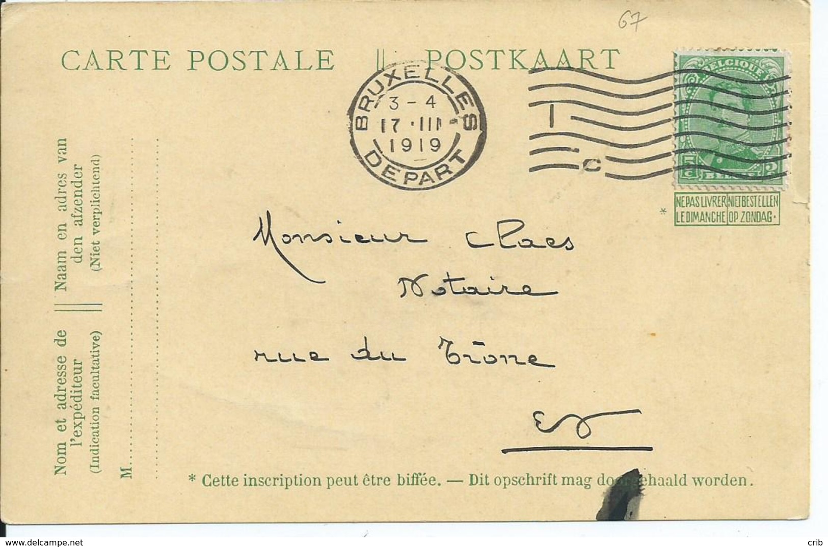 5c-Pellens-kaart Met Overfrankering Van OCB 137 - Afstempeling BRUXELLES DEPART 17.III.1919 - Cartes Postales 1909-1934