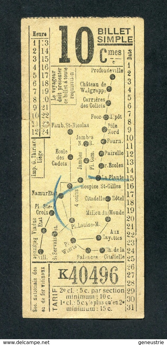 Ticket Billet Tramway Début XXe "Société Nationale Des Chemins De Fer Vicinaux / Namur / 10 Cmes" Tramways / Tram - Europe