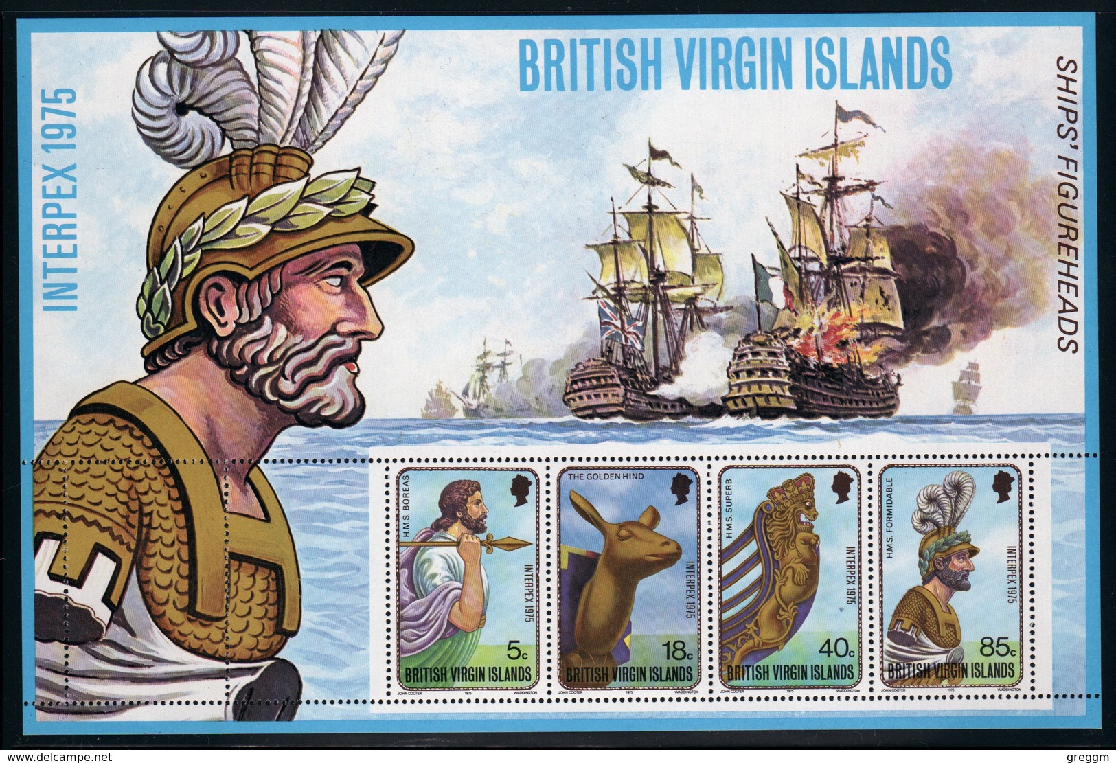 British Virgin Islands 1975 Queen Elizabeth Mini Sheet Celebrating Interpex 75 (Ships Figureheads) Upright Watermark. - British Virgin Islands