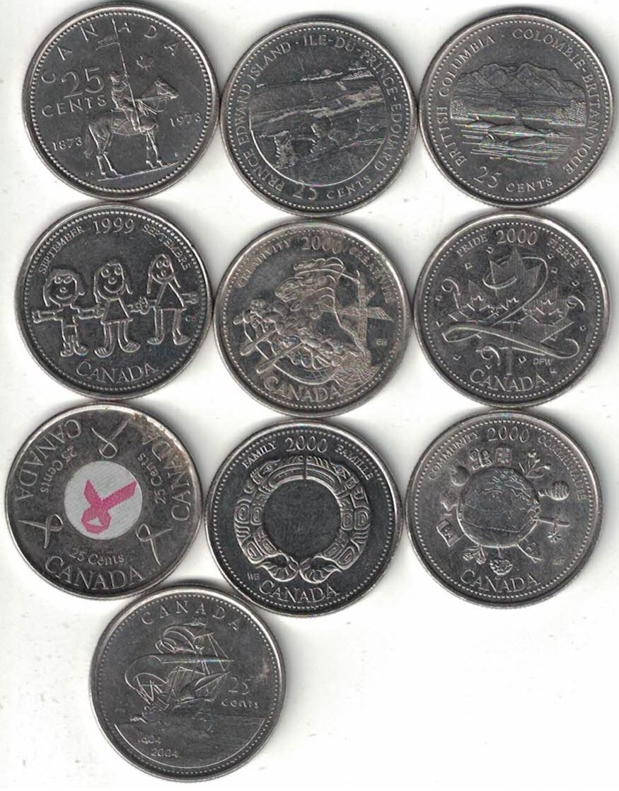 Canada Collection Of 10 Commemorative 25 Cent Coins 1973-2004 All Listed & Different - Canada