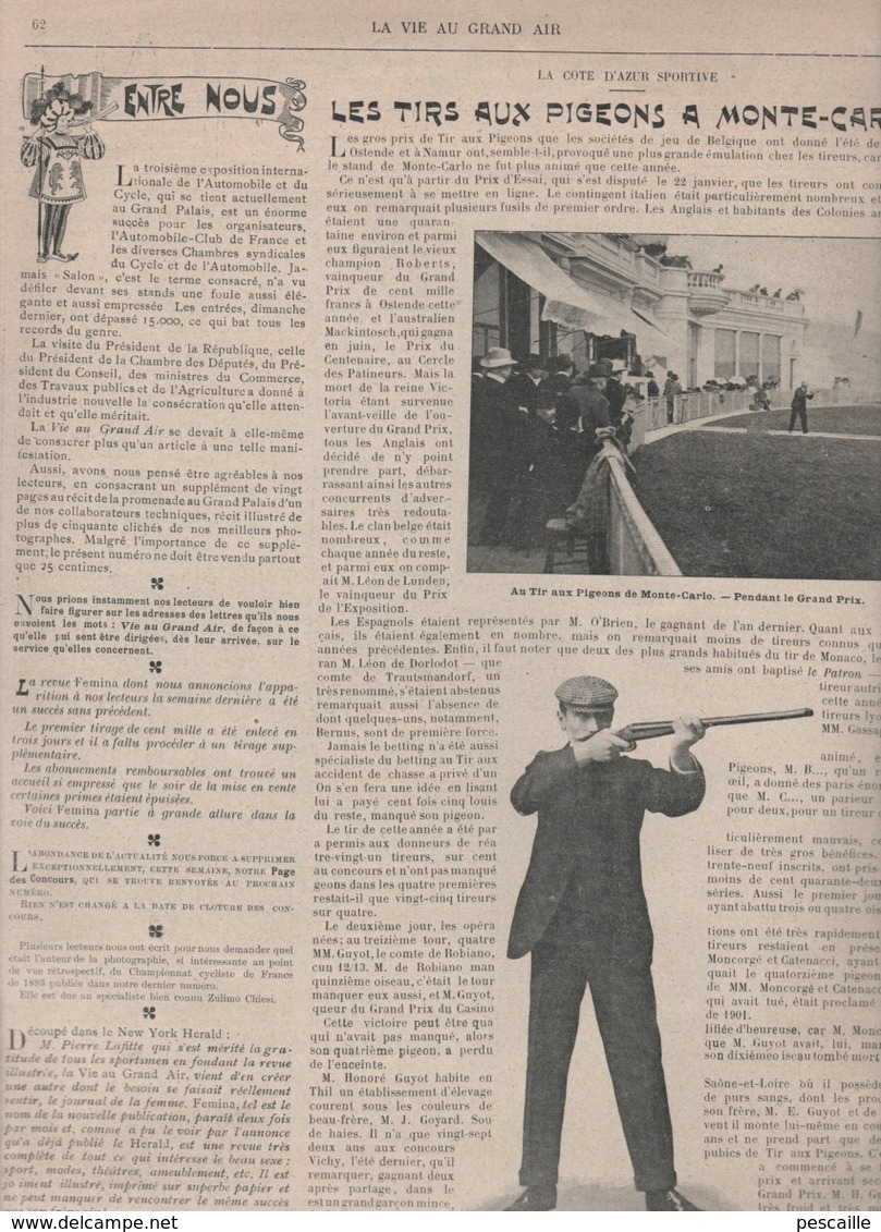 LA VIE AU GRAND AIR 10 02 1901 SPECIAL SALON DE L'AUTOMOBILE ET DU CYCLE - SKI SUEDE ARMEE - MONTE CARLO TIR AUX PIGEONS - 1900 - 1949