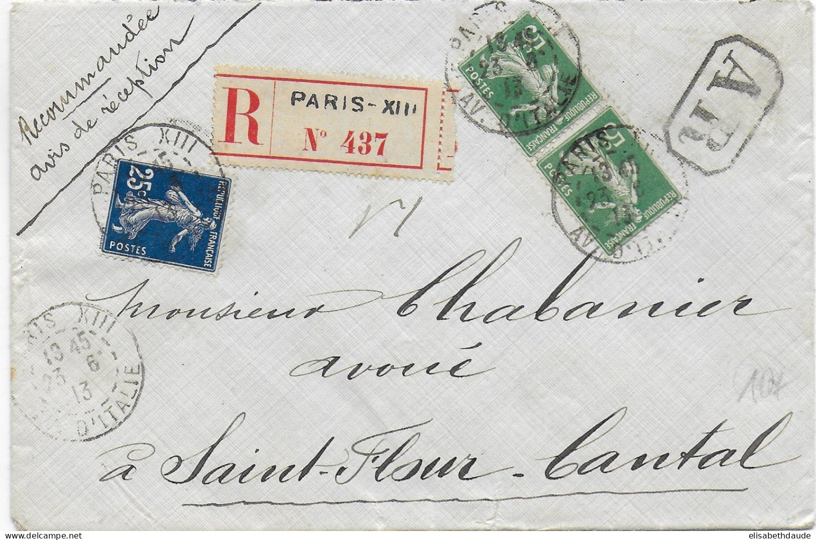 SEMEUSE - 1913 - ENVELOPPE RECOMMANDEE AR De PARIS => ST FLOUR - 1906-38 Sower - Cameo
