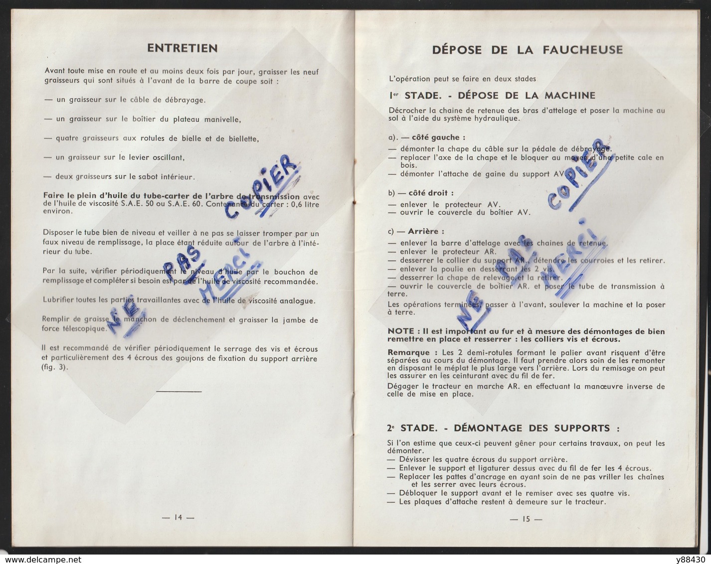 Livret pour FAUCHEUSE PORTEE - Les années 50 - MASSEY HARRIS FERGUSON - Réf..951 007 M 3 -- 24 pages - voir 15 scannes