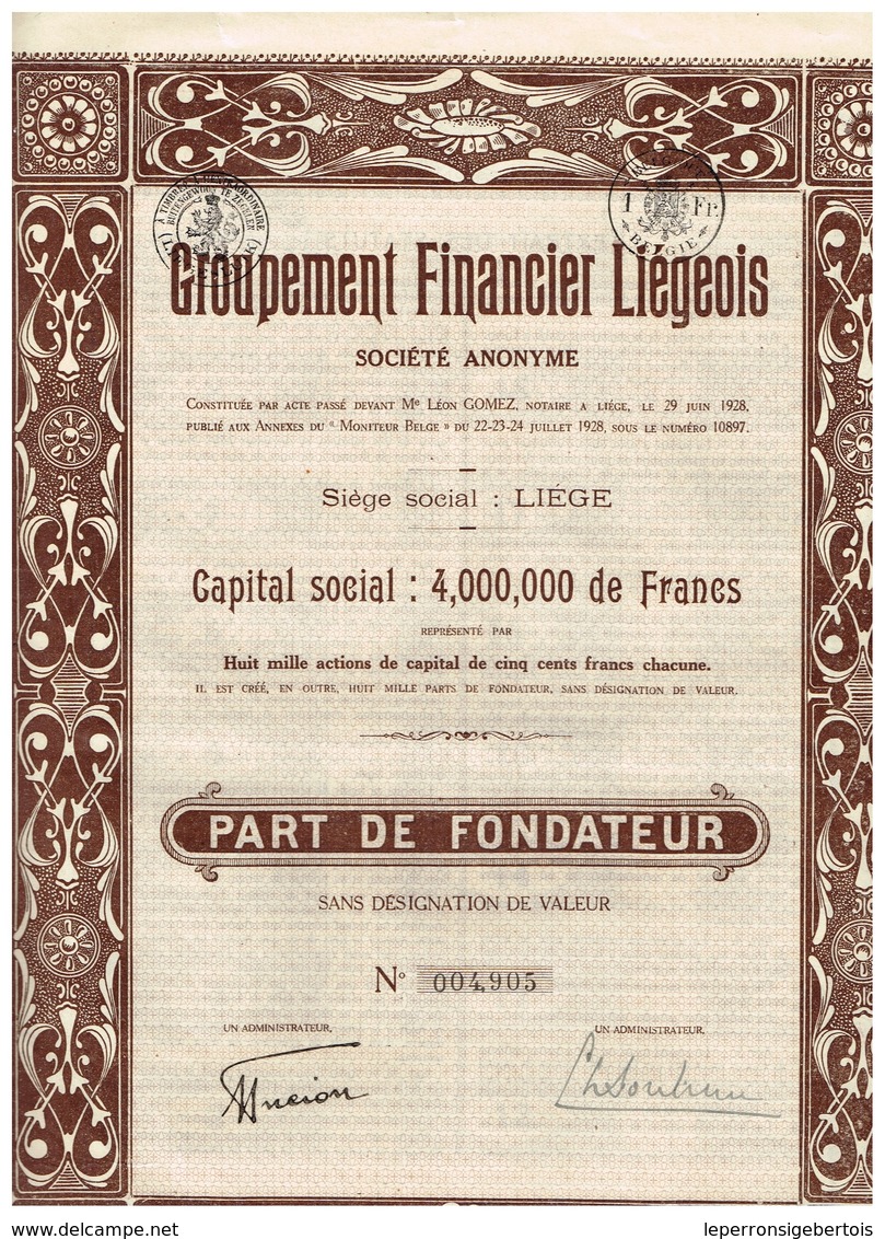 Titre Ancien - Groupement Financier Liégeois - Société Anonyme -Titre De 1928 - Banque & Assurance