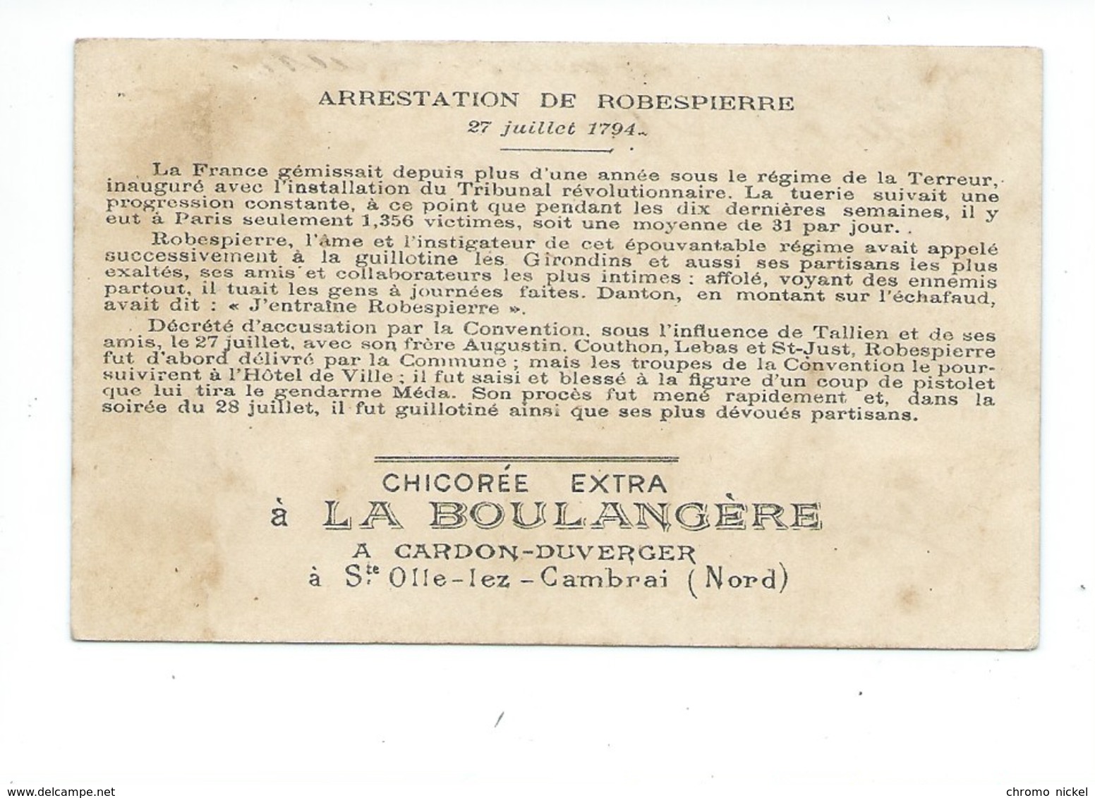 ROBESPIERRE Révolution Chromo Pub: Chicorée "La Boulangère" 105 X 65 Mm  Bien  2 Scans - Other & Unclassified