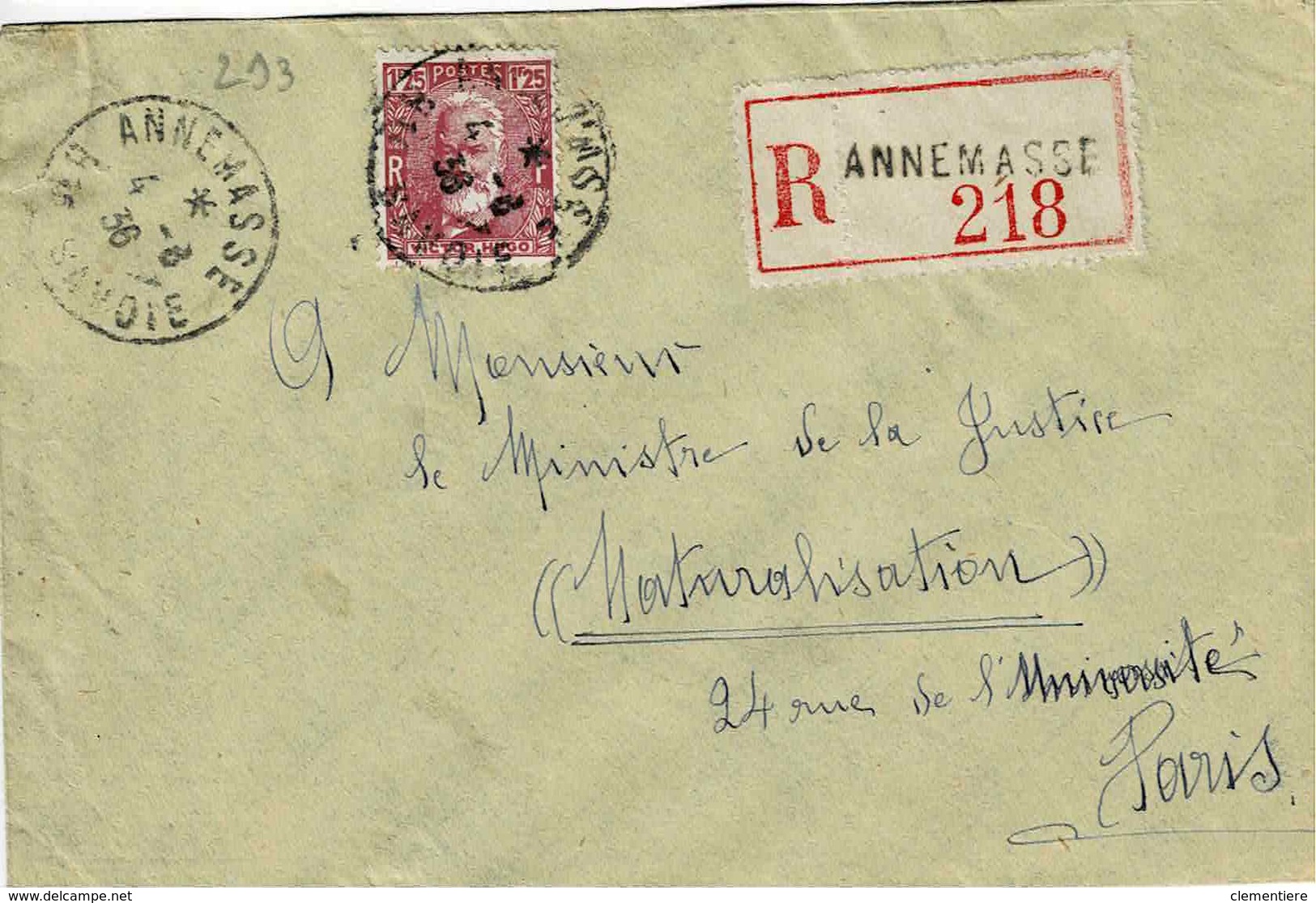 TP N ° 293 Seul Sur Enveloppe En Recommandé De Annemasse Pour Paris - 1921-1960: Période Moderne