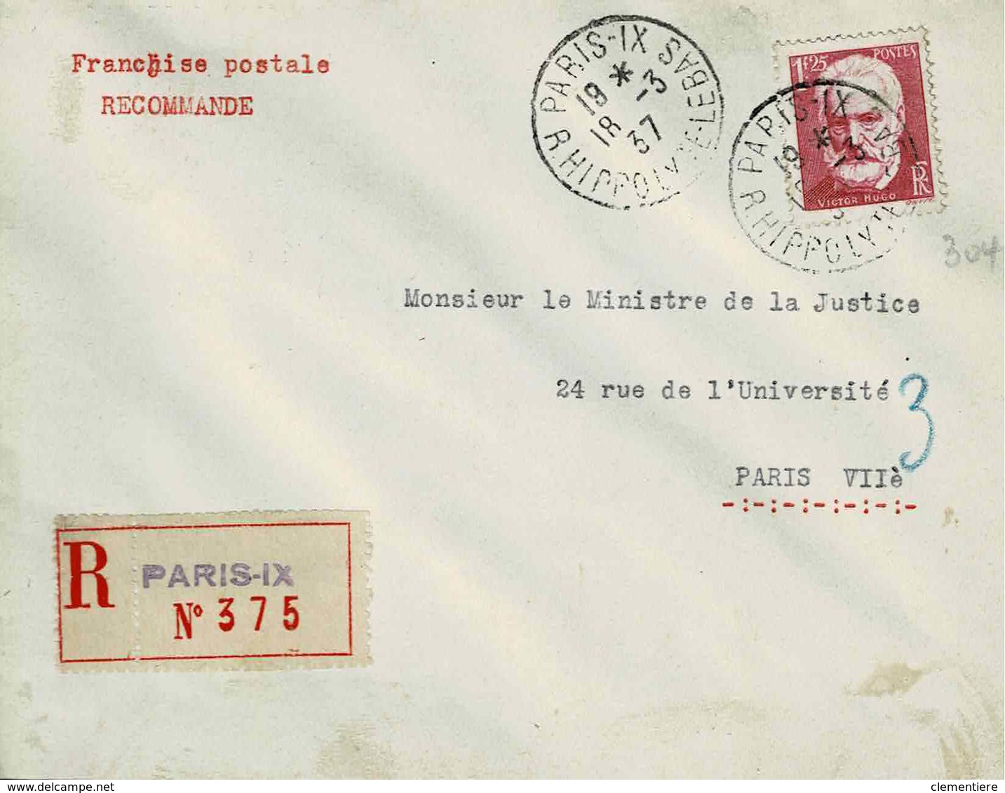 TP N ° 304 Seul Sur Enveloppe En Recommandé Et En Franchise De Paris IX Pour Paris VII - 1921-1960: Période Moderne