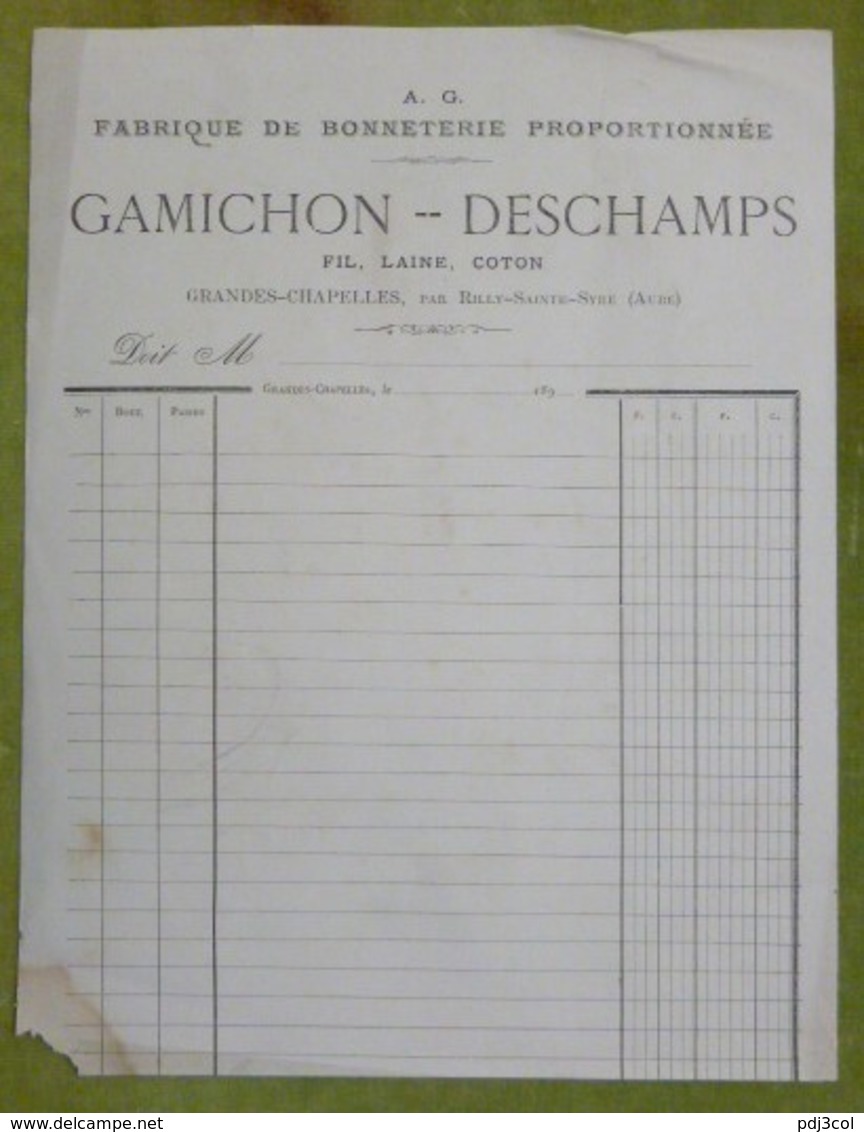 GAMICHON-DESCHAMPS - Fabrique De Bonneterie Proportionnée , Grandes-Chapelles - Facture Vierge - 1800 – 1899