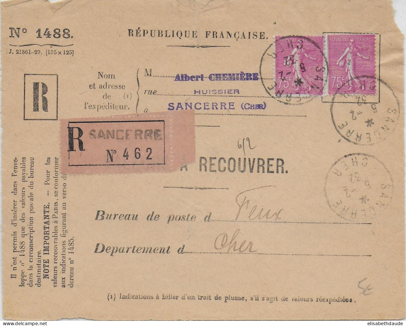 SEMEUSE - 1932 - DEVANT (NORMAL) De LETTRE VALEURS à RECOUVRER De SANCERRE (CHER) => FEUX - 1903-60 Säerin, Untergrund Schraffiert